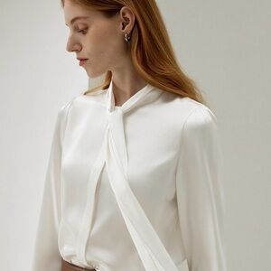LILYSILK White Silk Tie Neck Blouse Long Sleeve NWT Size L Mulberry Silk Elegant